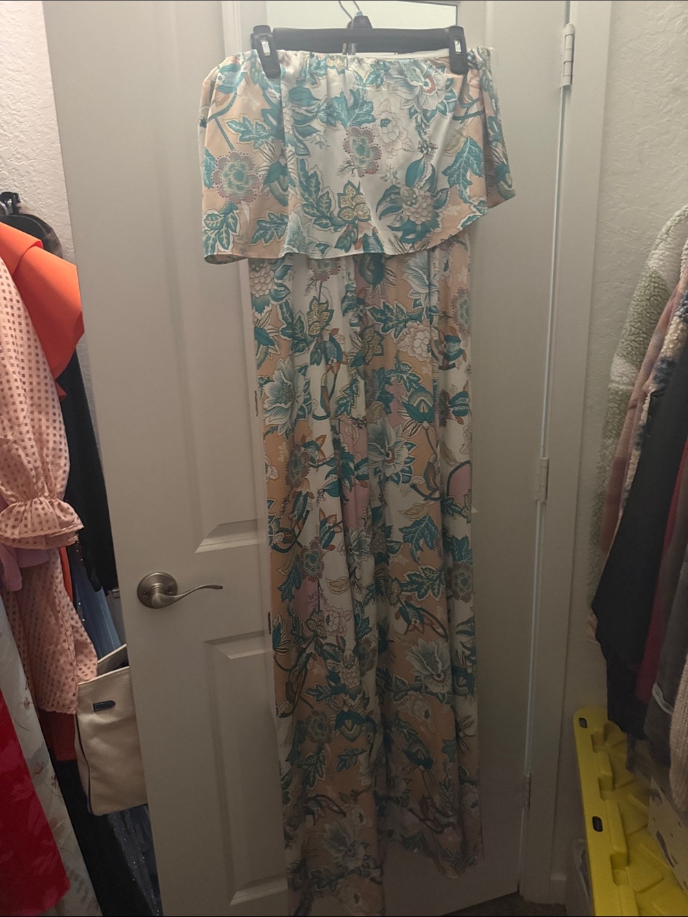 Floral Off-Shoulder Maxi Dress in Teal and Cream